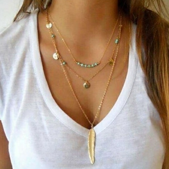 everrealli Jewelry - Turquoise Golden Feather Multi Layer Necklace